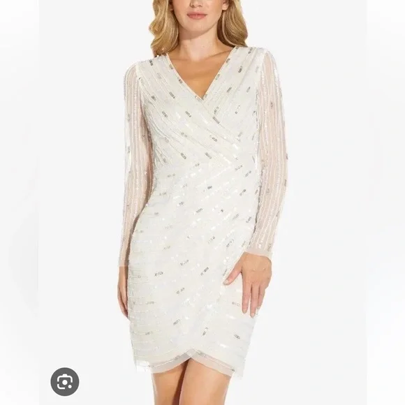Adrianna Papell Long Sleeve Sequin Beaded Wrap Dress in Ivory Pearl Size 6 - Picture 4 of 6